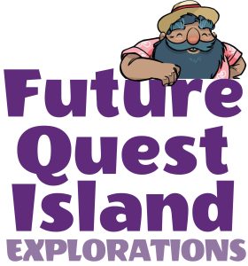 Illustration of a man with a bushy beard wearing a pink tropical shirt leaning on the text "Future Quest Island Explorations."